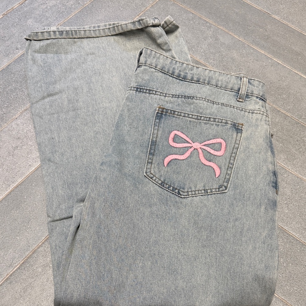 Edikted  Light Blue Denim Jeans with Pink Bow Embroidery